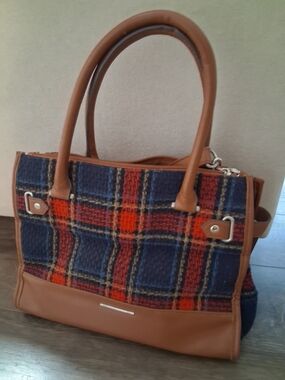Plaid Tote Bag Tan Trim Crossbody Purse Business Office Everyday